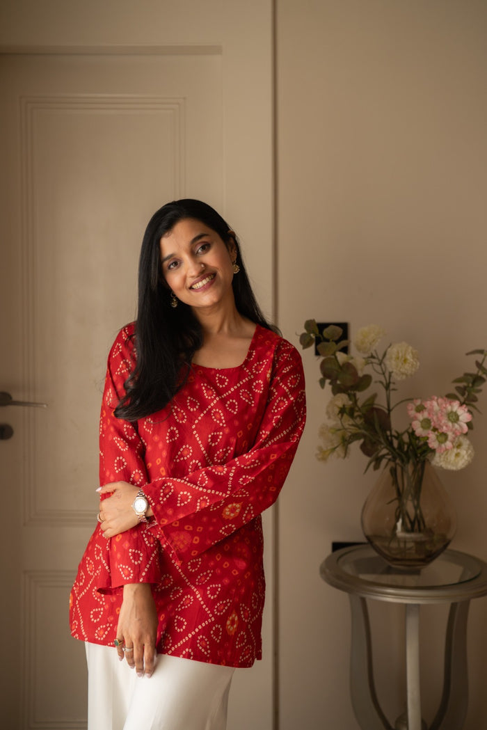 Griya Cotton Short Kurti- Red Bandhej