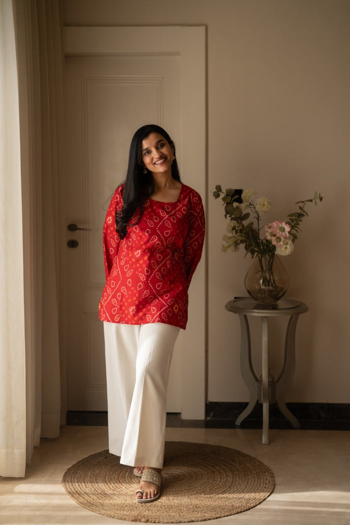 Griya Cotton Short Kurti- Red Bandhej