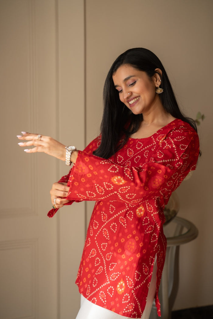 Griya Cotton Short Kurti- Red Bandhej