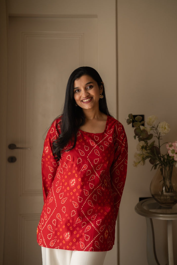 Griya Cotton Short Kurti- Red Bandhej