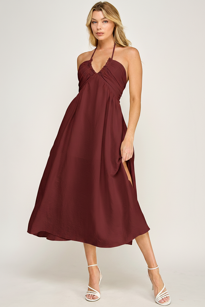 Halter Neck Open Back Self Tie Maxi Dress - BRICK