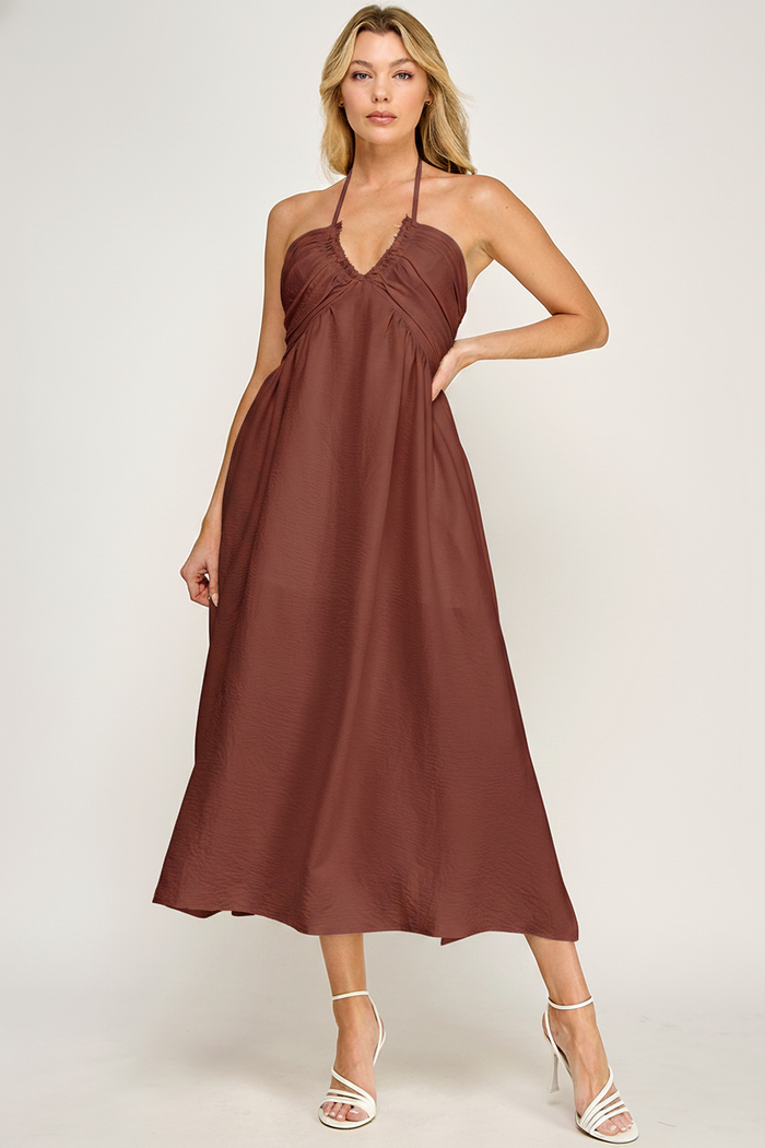 Halter Neck Open Back Self Tie Maxi Dress - BRICK