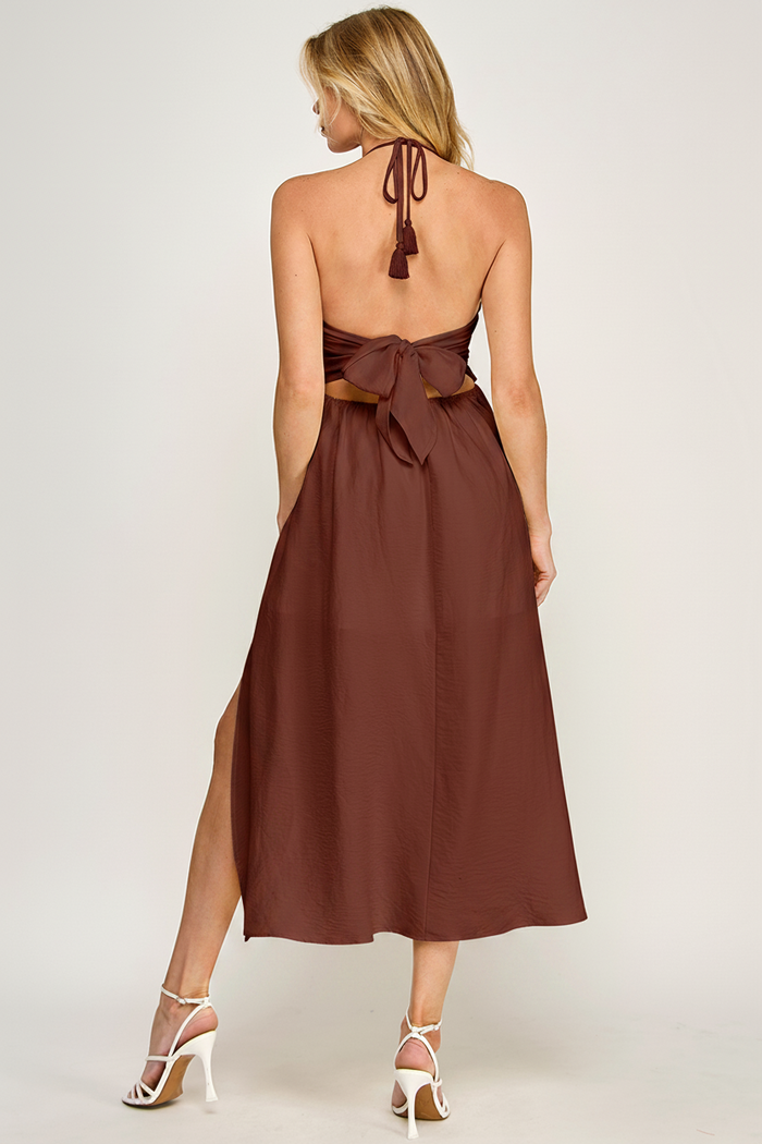 Halter Neck Open Back Self Tie Maxi Dress - BRICK