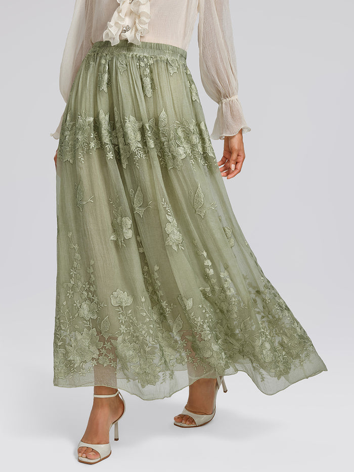 Hand-Dyed Embroidered Elastic-Waist Skirt