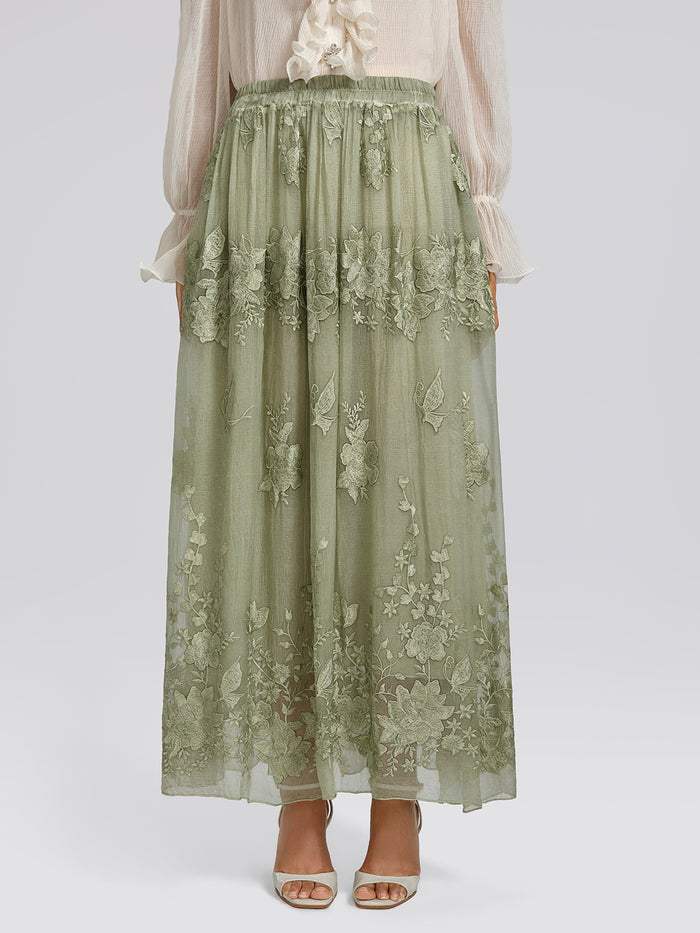 Hand-Dyed Embroidered Elastic-Waist Skirt
