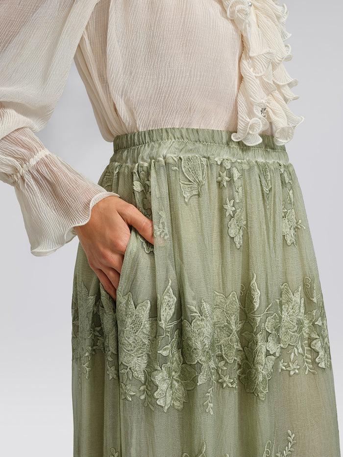 Hand-Dyed Embroidered Elastic-Waist Skirt