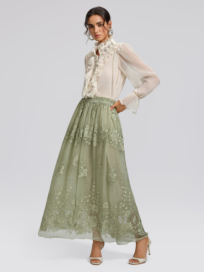 Hand-Dyed Embroidered Elastic-Waist Skirt
