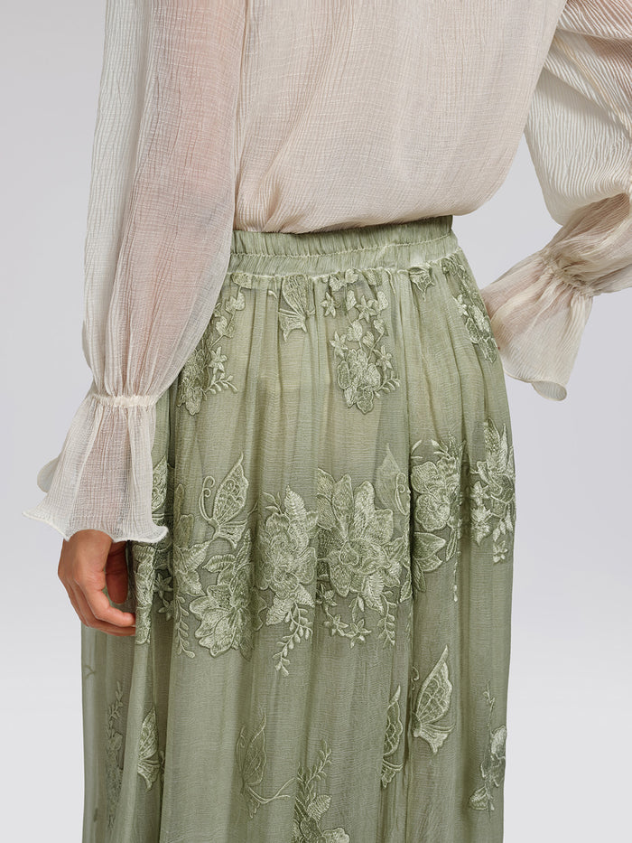 Hand-Dyed Embroidered Elastic-Waist Skirt