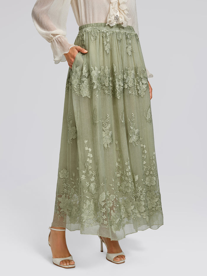 Hand-Dyed Embroidered Elastic-Waist Skirt