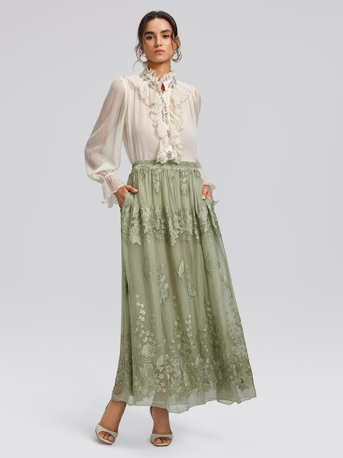 Hand-Dyed Embroidered Elastic-Waist Skirt