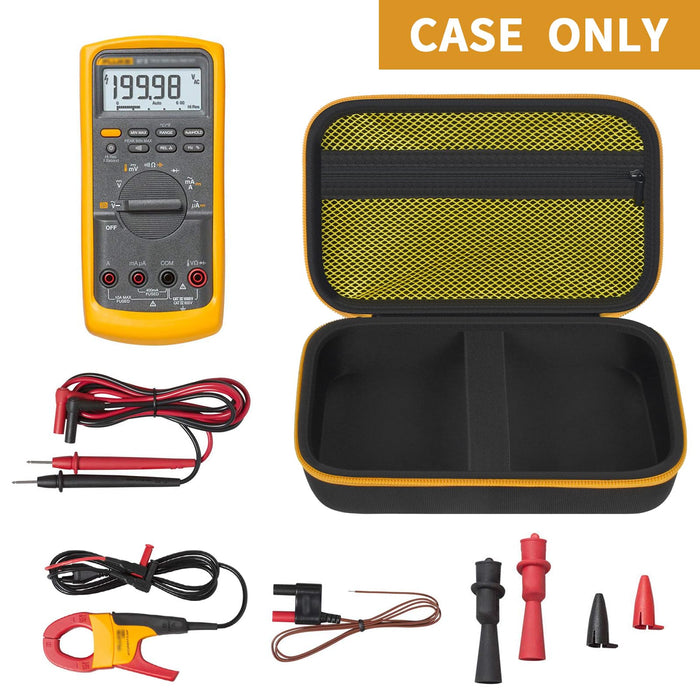 Open black and yellow multimeter case with mesh pocket, test leads, probes, and accessories; case only