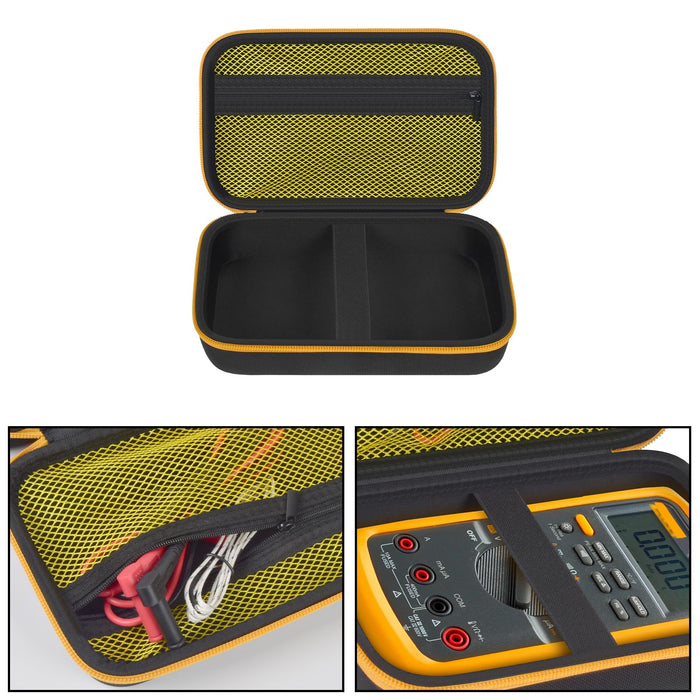 Black and yellow multimeter case interior with mesh pocket and padded divided compartment