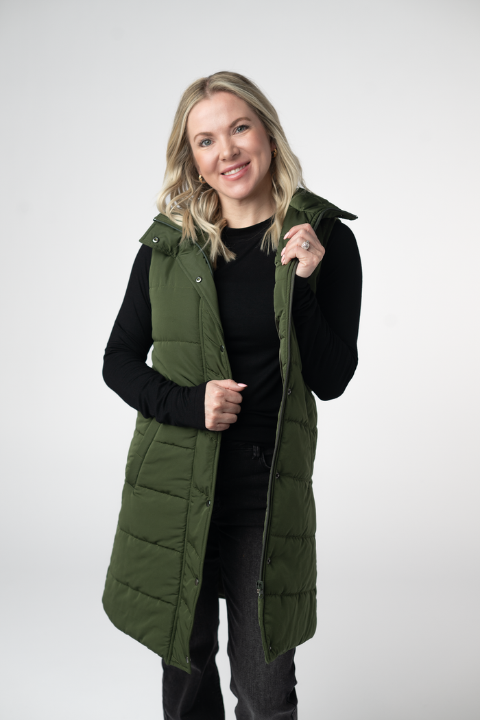 Harlow Long Vest - Dark Olive by Michelle Mae