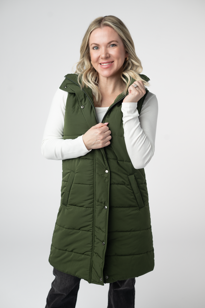 Harlow Long Vest - Dark Olive by Michelle Mae