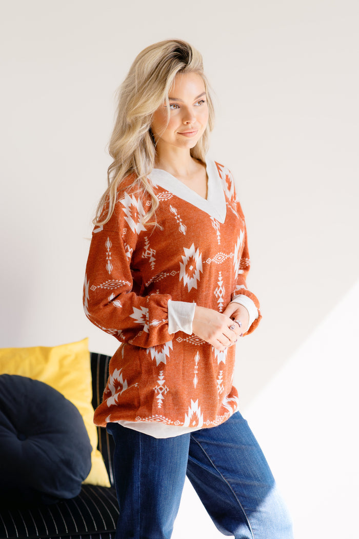 Harvest Chic Geometric Orange Sweater