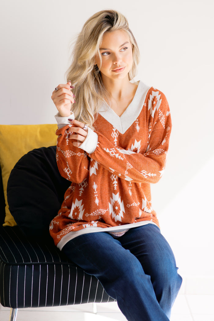 Harvest Chic Geometric Orange Sweater
