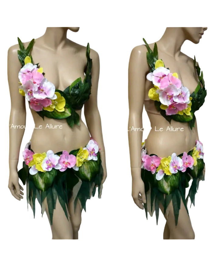 Hula Island Girl Orchid Flower Bra and Leaf Skirt
