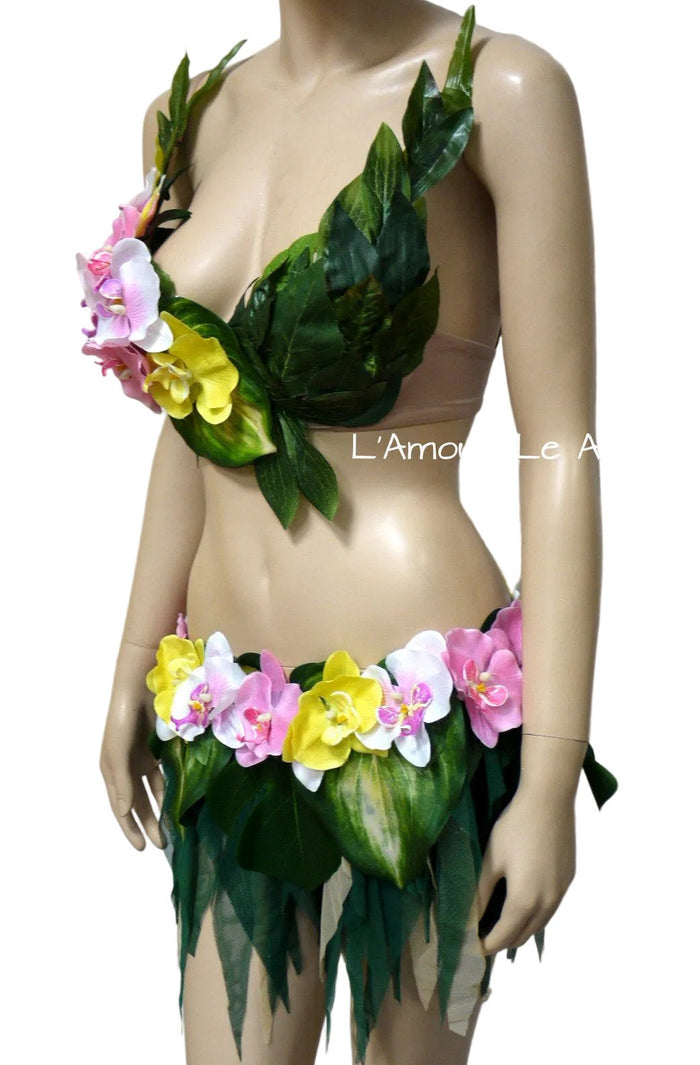 Hula Island Girl Orchid Flower Bra and Leaf Skirt