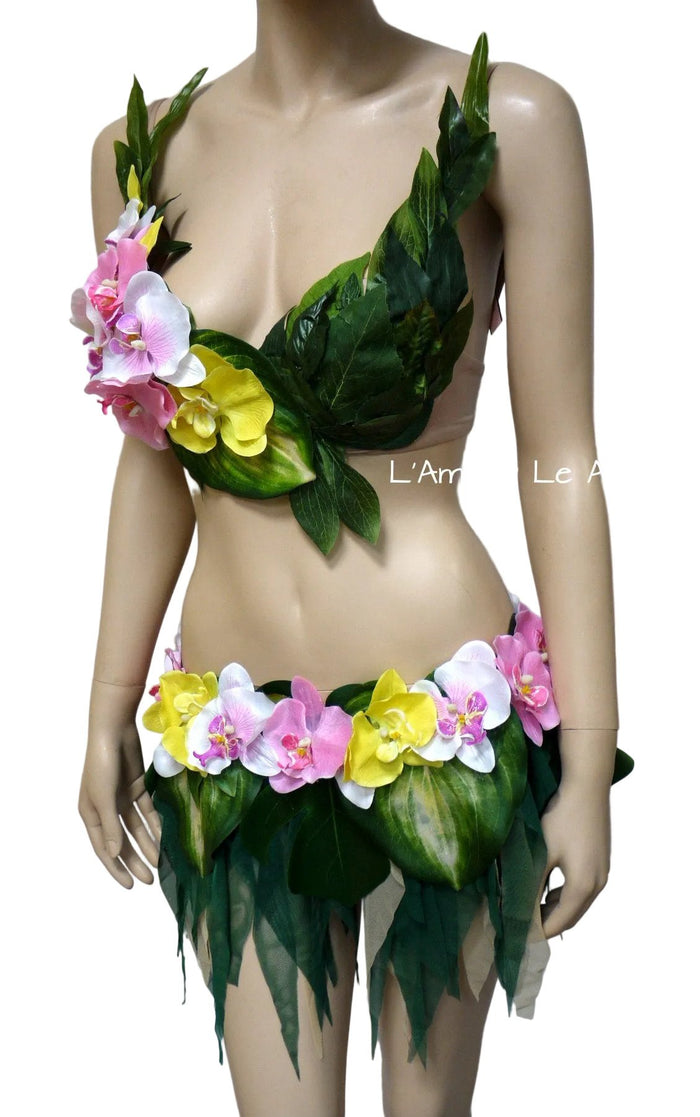 Hula Island Girl Orchid Flower Bra and Leaf Skirt