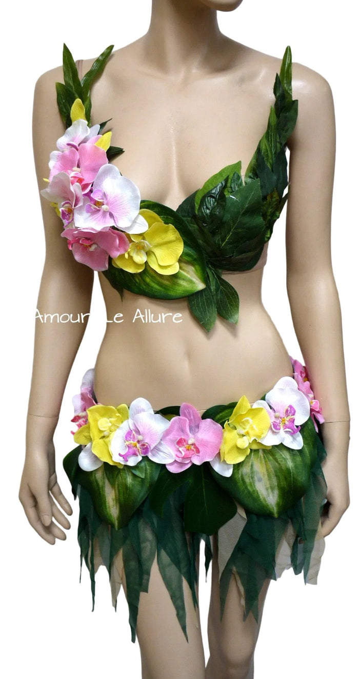 Hula Island Girl Orchid Flower Bra and Leaf Skirt