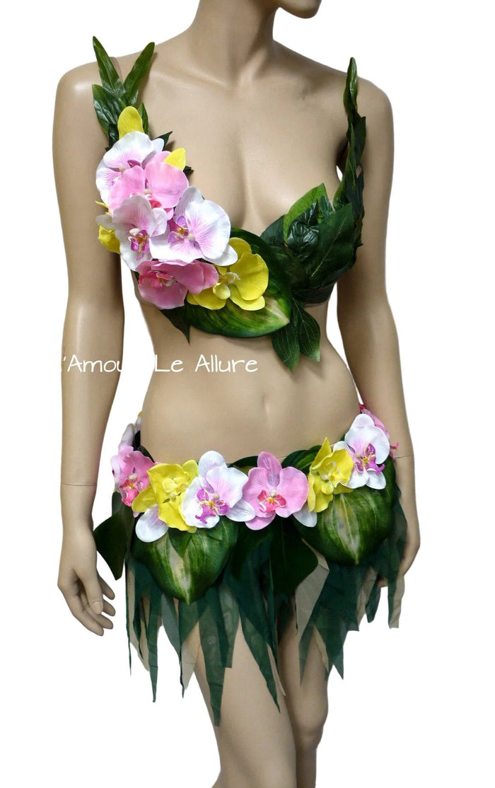 Hula Island Girl Orchid Flower Bra and Leaf Skirt