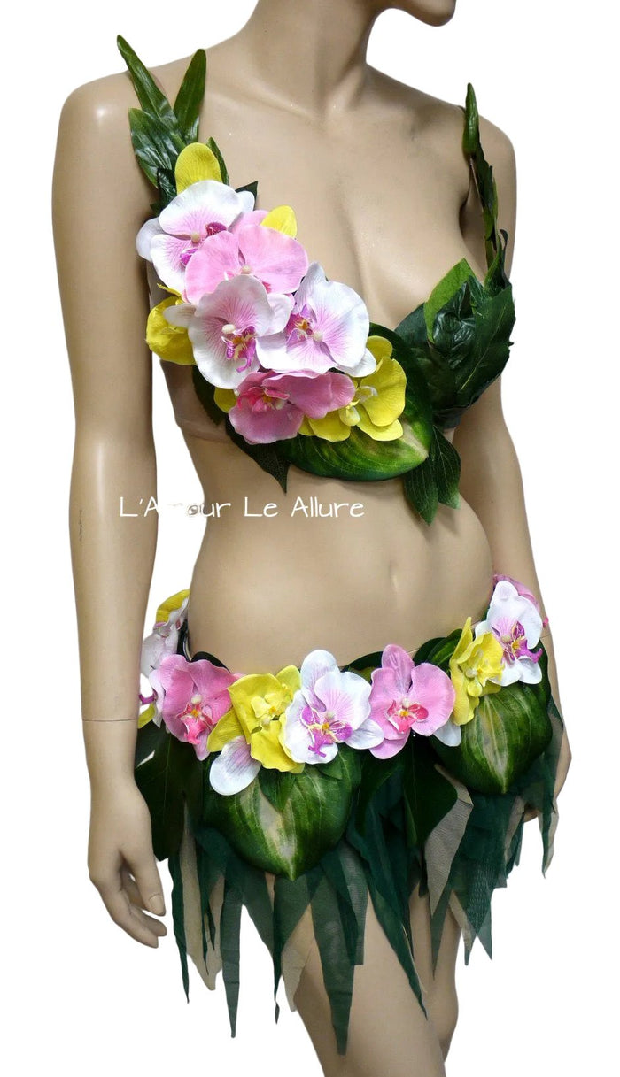 Hula Island Girl Orchid Flower Bra and Leaf Skirt