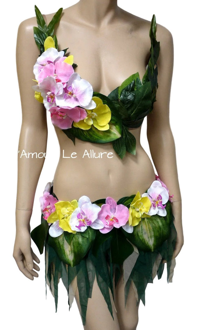 Hula Island Girl Orchid Flower Bra and Leaf Skirt