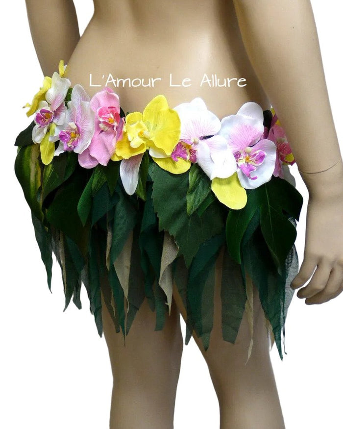 Hula Island Girl Orchid Flower Bra and Leaf Skirt
