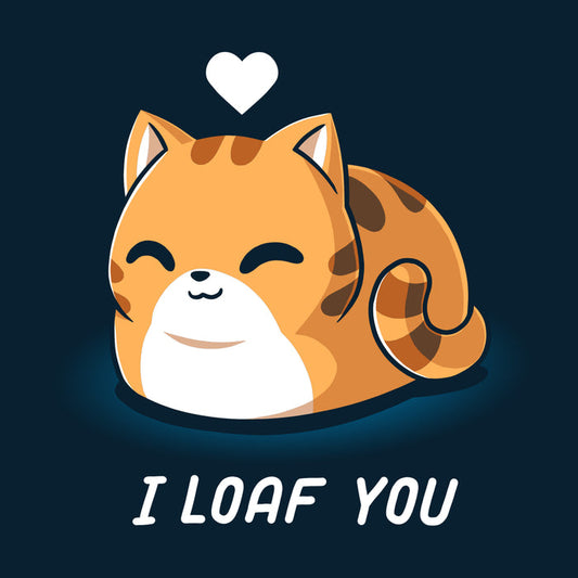 Premium Cotton T-shirt_TeeTurtle navy blue I Loaf You navy featuring a smiling, loaf-shaped orange cat with a heart above its head and the caption "I Loaf You".