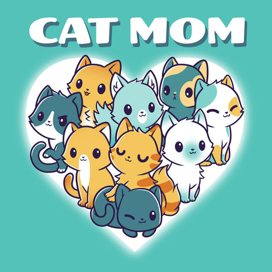 Premium Cotton T-shirt_TeeTurtle Cat Mom Caribbean Blue apparel featuring a bunch of different fur patterned cats in the shape of a heart.