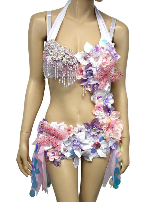 Iridescent Unicorn Pink and Purple Flower Fairy Monokini Costume Dance Rave Halloween