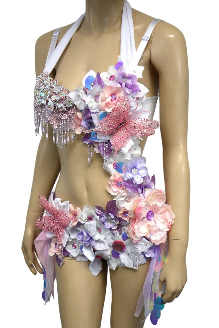 Iridescent Unicorn Pink and Purple Flower Fairy Monokini Costume Dance Rave Halloween