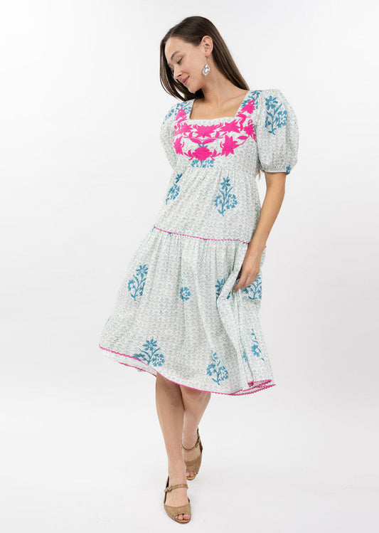 blue floral midid dress with hot pink embroidery