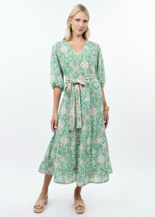 green paisley print dress with tie waist