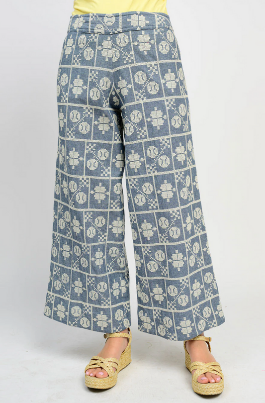blue embroidered pants with elastic
