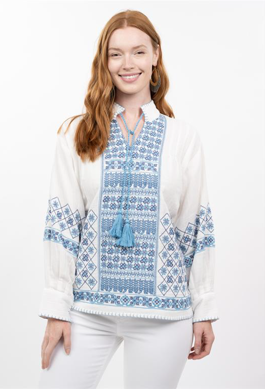 Ivy Jane TOP GAUZE CROSS STITCH BLUE