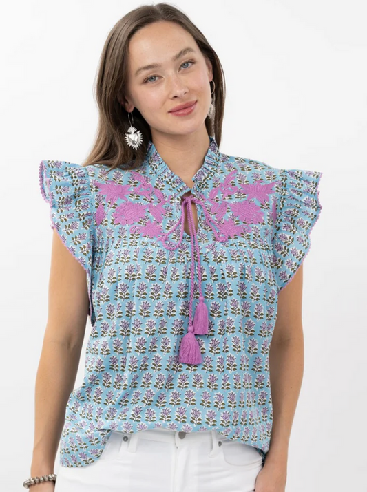 blue and purple short sleeve embroidered top