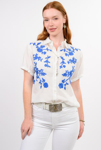 short sleeve button down top with blue embroidery