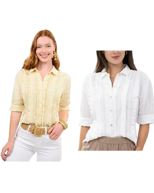 butter yellow and white tuxedo button down top