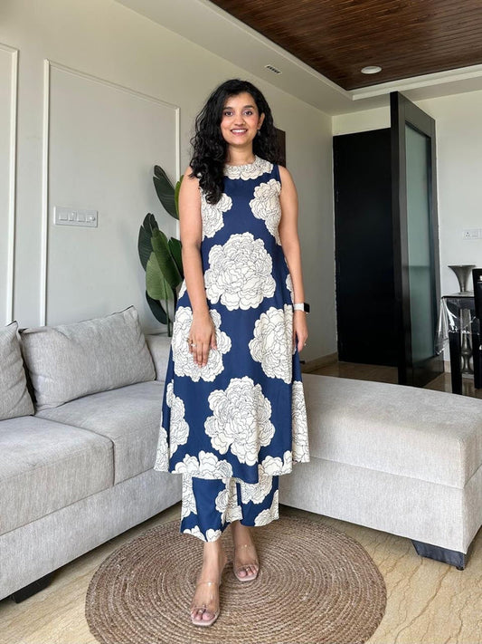 Jasmine Closed Neck Coord Set- Blue Big Flowers