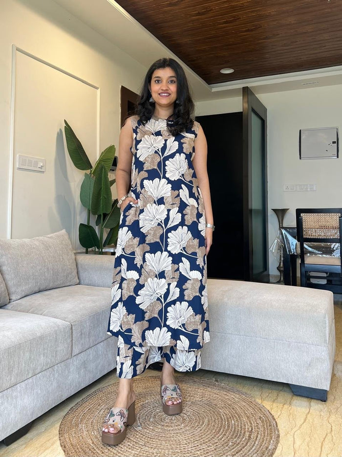 Jasmine Closed Neck Coord Set- Navy Blooms