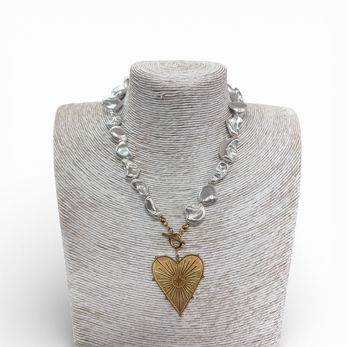 JP - Sunshine, Heart on Pearl Baroque Necklace - Gold