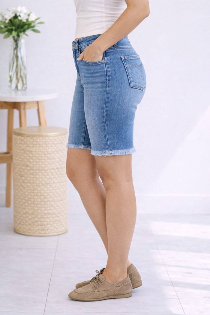 Judy Blue High Waist Everyday Bermuda Fray Hem Jean Shorts