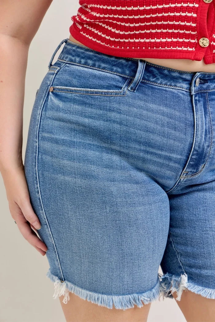 Judy Blue High Waist Everyday Bermuda Fray Hem Jean Shorts