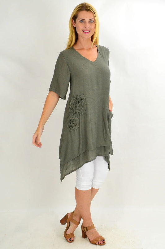Khaki applique short sleeve tunic top for women by La Mode, featuring a relaxed fit and stylish design.
