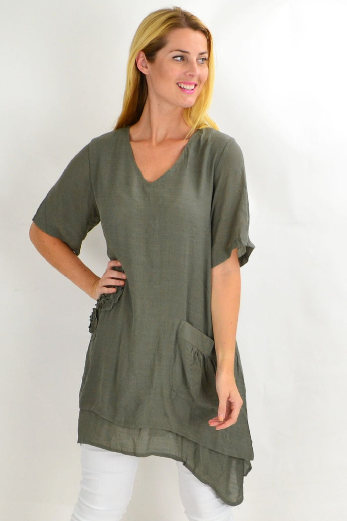 Khaki applique short sleeve tunic top by La Mode, lightweight and casual with decorative details, perfect for everyday wear.