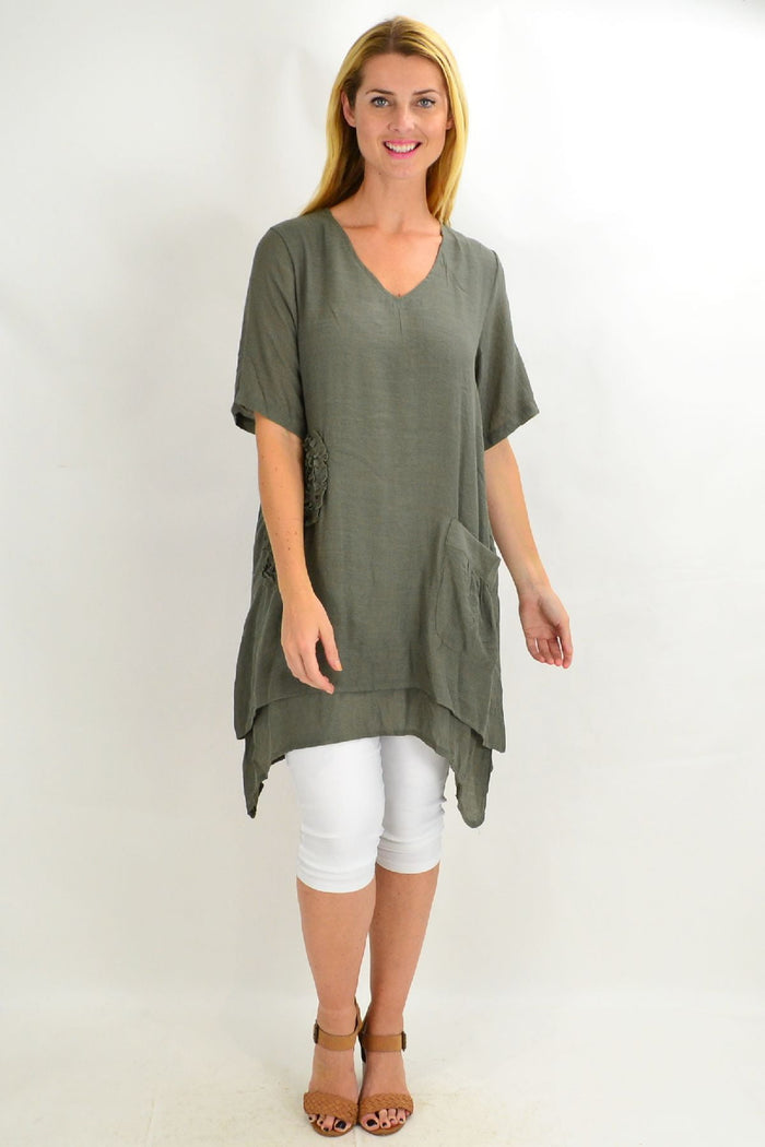 Khaki applique short sleeve tunic top by La Mode, featuring a relaxed fit and decorative applique details on the front.