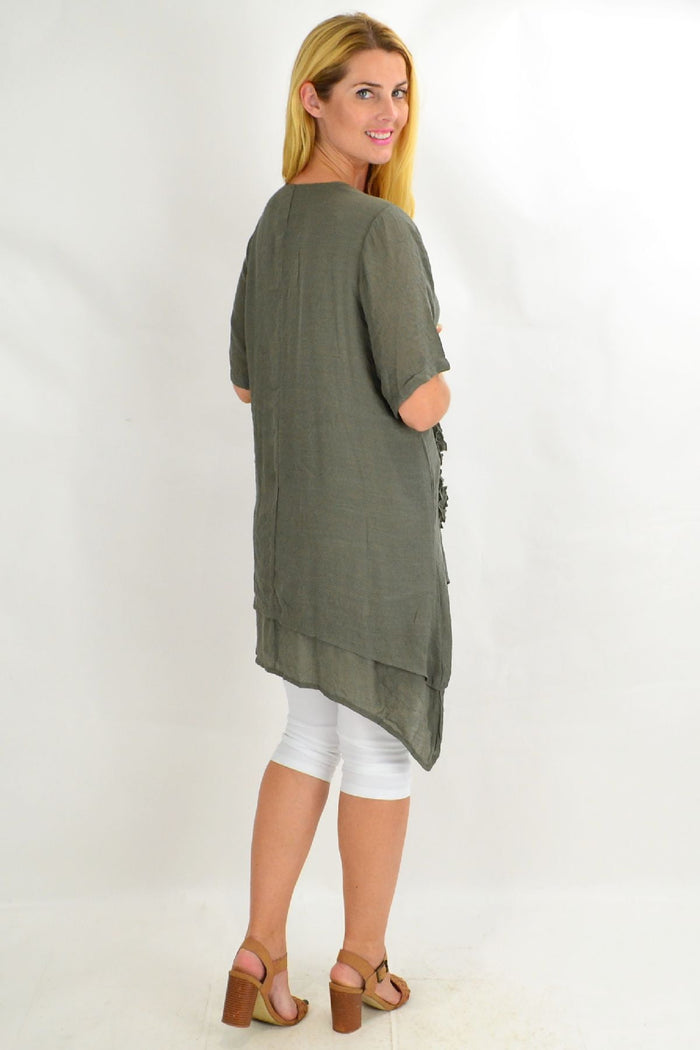 Khaki La Mode short sleeve tunic top with applique detail, casual women’s apparel, stylish and comfortable for everyday wear
