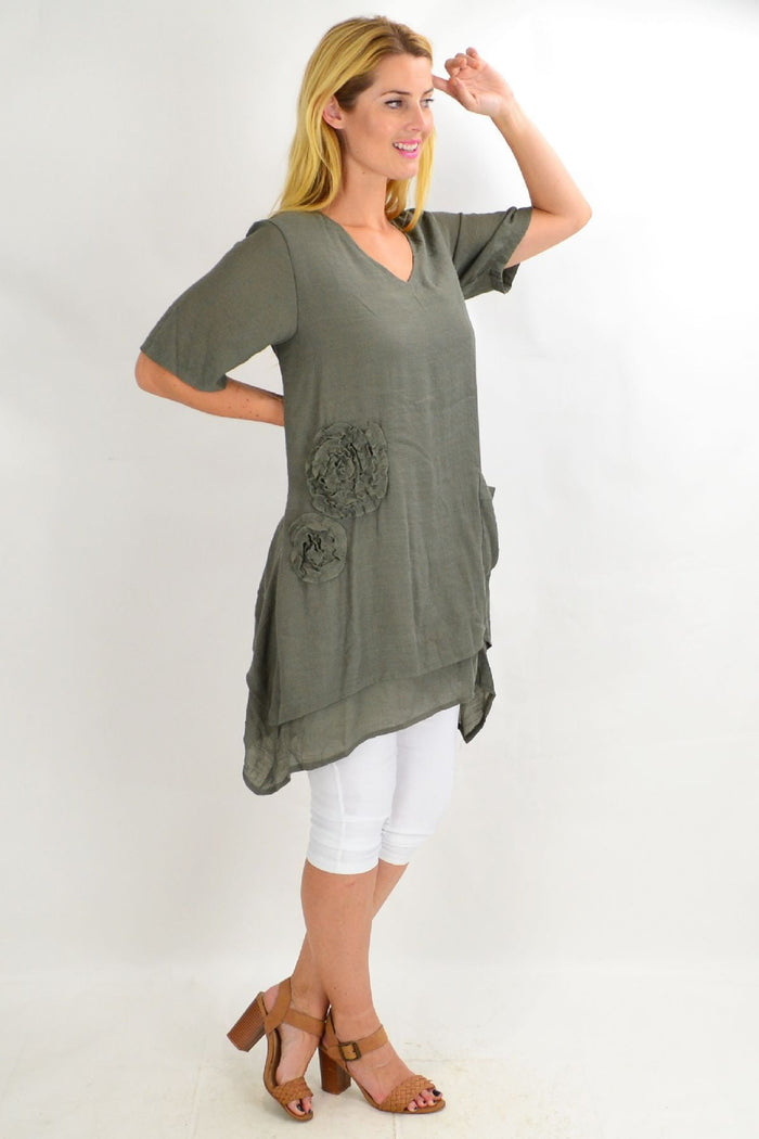 Khaki applique short sleeve tunic top by La Mode, featuring a relaxed fit and decorative applique detail on the front.