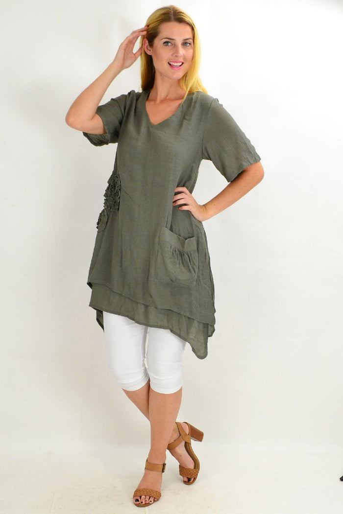 Khaki short sleeve tunic top with applique detail from La Mode, casual women's tunic styled for comfort and everyday wear.